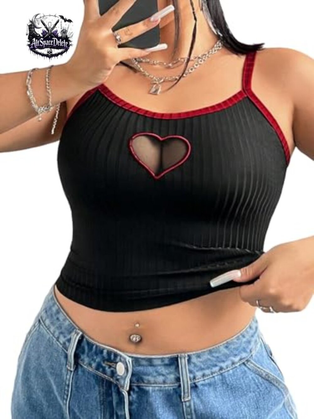 Plus Size Contrast Mesh Cut Out Cami Crop Top | Y2k Gothic Grunge Spaghetti